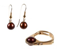 14K Red Pearl Diamond Ring and Earrings