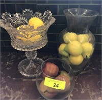 FRUIT WITH CUT GLASS COMPOTE AND VASES