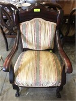 CLAW FOOT ARM CHAIR UPHOLSTERED, SHOWS WEAR