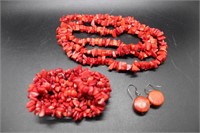 3pc Red Coral Jewelry Set Incl Necklace, Earrings&