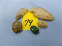 3 Egyptian Scarab Beetles & 2 Small Arrowheads