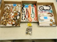 3 Flats Of Costume Necklaces & Bag Of Earrings -