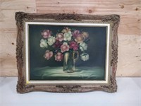 very nice framed vintage oil painting of flower,