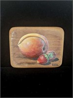 Peach and Two Strawberries Painting by Mary Porter