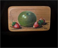 Green Apple and Three Strawberries Painting