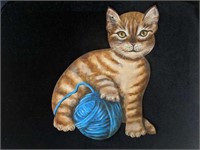 Kitten with Yarn Painting on Tin by Mary Porter