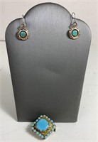Teal/gold Pin With Earrings