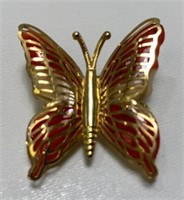 Butterfly Pin Gold Tone Red