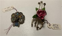2 Vintage Pins Rose And Tree