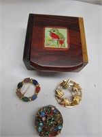 Vintage Pins & Jeweled Wooden Box