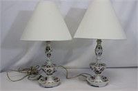 Pair Vintage Porcelain Rosebud Bedside Table Lamps