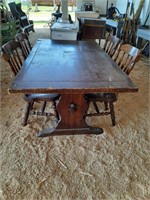 VINTAGE TRESTLE BASE DINING TABLE AND 4 CHAIRS