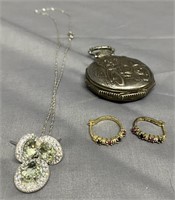 Silver necklace, earrings, & pocket watch
