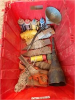 BOX OF STRING, OIL FUNNELS, ASSORTED NAILS & MISC