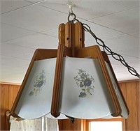 Oak & Stain Glass Blue Floral Hanging Lamp