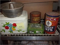 Old bread box, misc tins, angel food cake pan