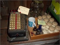 Check protector, old spice containers, wooden box,