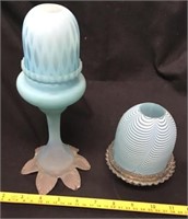 2 Blue Satin Fairy Lamps, Pedestal Lamp Has Chip