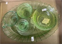 Green Depression Plate, Bowls And Candlestick