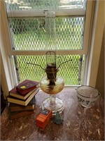 Antique Oil Lamp, Shades, Bibles Lot