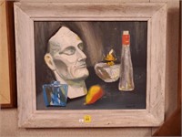 Still Life Painting of Face, Perfume Bottles, Pear