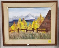 Cabin, Mountains, Autumn Scene Oil on Canvas