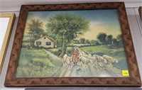 Antique Picture of Dutch Girl w/ Sheep Herd