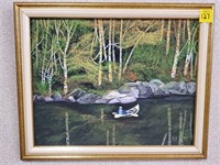 Man Rowing in Rowboat Oil on Canvas Painting