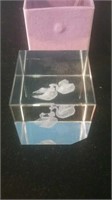 Crystal cube with etched Swans in love with a