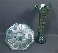 Two Imperial Helios Green Carnival Glass Items