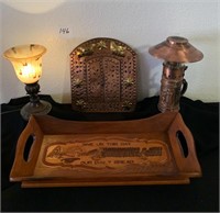 Copper Lantern & Mirror, Tulip Lamp, Wood Tray