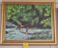 Father & Son Fishing in Creek Oil Painting