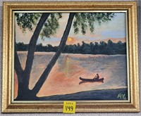 Man in Canoe on Lake Oil on Canvas Painting