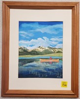 Man in Canoe in Lake Oil on Canvas Painting
