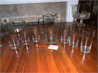 VINTAGE ETCHED PITCHER AND GLASSES "P"