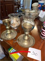 LARGE BRASS CANDLE HOLDERS AND JARS OF SHELLS