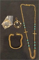 Gold Tone Necklace, Bracelet & Earrings