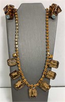 Necklace & Clip Earrings Orange Rhinestone Square