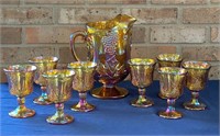 CARNIVAL GLASS PITCHER & 8 GLASSES