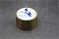 Vintage Blue & White Ceramic Top Brass Trinket Box