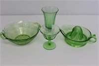 4 Vintage (1930s) Green Glasses, Bowl, Juicer