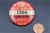 Vintage Charleston County Hunting License Button