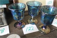 3 Blue Carnival Glass Goblets
