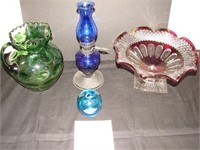 4 Glass Pieces Including Green Coin Pitcher, Blue