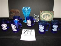 6 Shirley Temple Glass Cups, Blue Fenton Hobnail