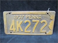 1937 PENNSYLVANIA TAG PLATE EMBOSSED