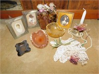 GLASS DISHES, CANDLE AND HOLDER, SMALL FRAMES,