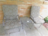 TWO PATIO CHAIRS WITH SOME RUST AND TABLE
