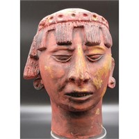 Hand-Painted, Terra Cotta Bust  Of A Mayan Warrio