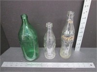 3 Glass Drink Bottles: 2 Coke + 1 Green Glass